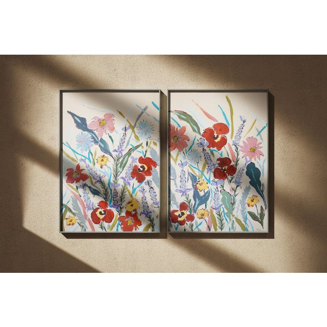 Paper 2025, Illustrative Floral Painting, Large Diptych of Poopies and Wildflowers, Acrylic Paint on Watercolor by Romina Milano For Sale - Image 7 of 10