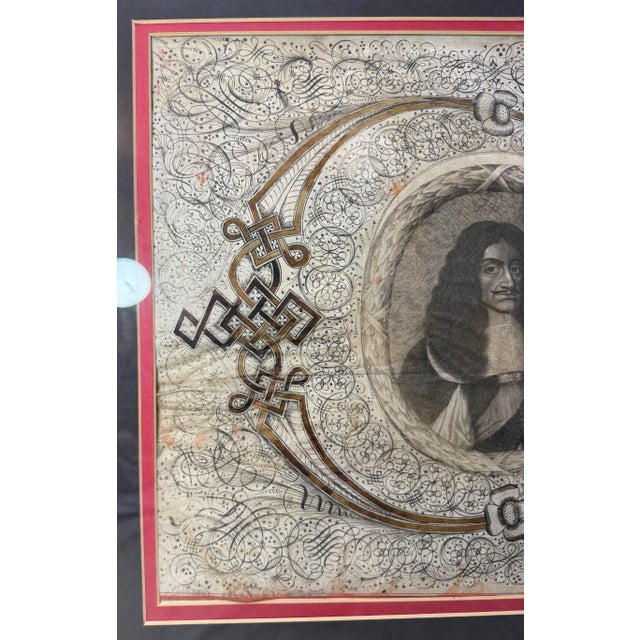 Rare Antique 17th Century Calligraphic Bust Portrait of Charles II of England For Sale In New York - Image 6 of 16