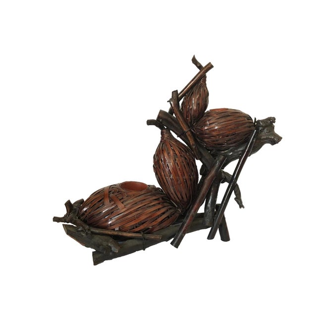 Antique Japanese Ikebana Flower Arranging 4-Gourd Hyotan Baskets of Bamboo A more complex four gourd Japanese woven bamboo...