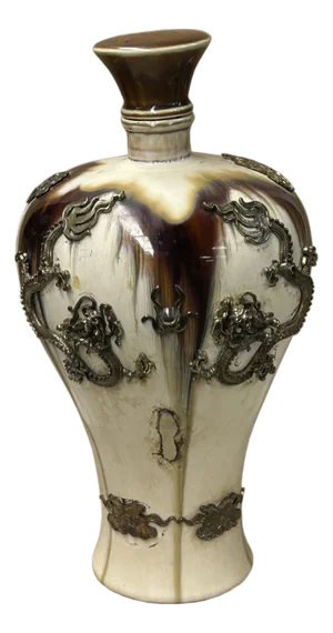 Oriental Silver Color Metal Dragons Motif Ceramic Jar Vase Art