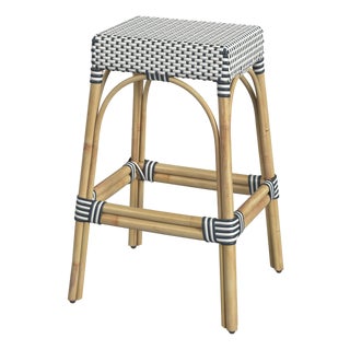 Robias 30 in. Seat Height Rectangular Rattan Backless Bar Stool, White/Navy Stripe/ Natural Rattan Frame For Sale