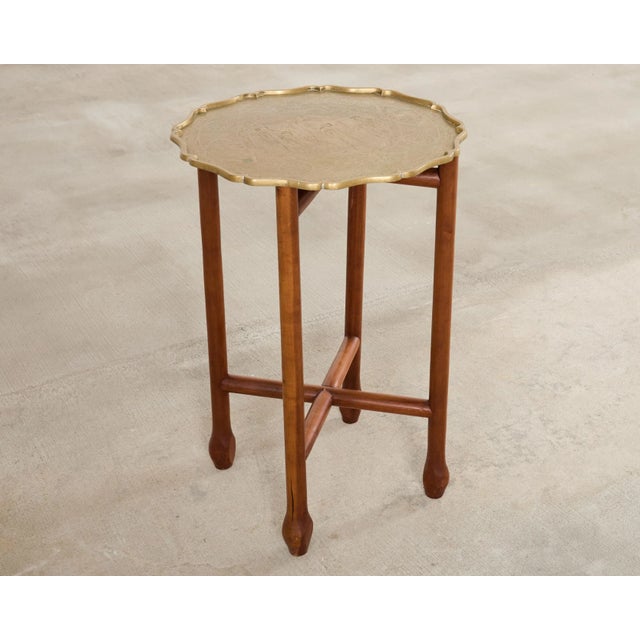 Mid-Century Modern Asian Etched Brass Tray Table on Four Leg Stand For Sale - Image 3 of 18