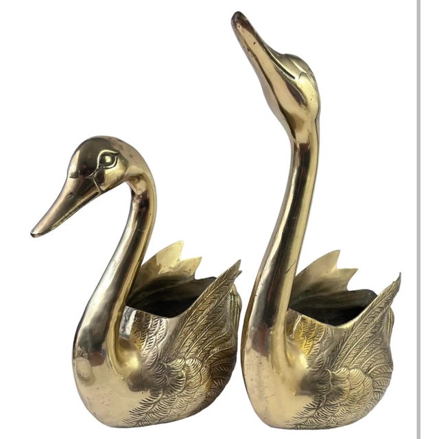 Large Vintage Brass Swan Planters - A Pair For Sale - Image 4 of 8