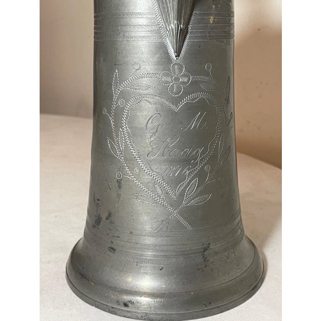 Metal Rare Antique 1876 1 Liter Handmade Engraved Pewter Flagon Tankard Pitcher Stein For Sale - Image 7 of 12