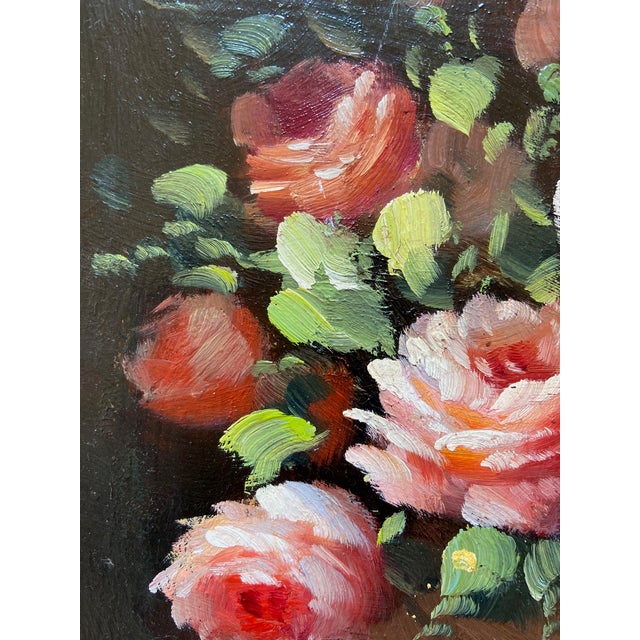 Peter Brooks, Still Life of a Vase of Pink Roses, 1960s, Oil on Canvas For Sale - Image 7 of 13