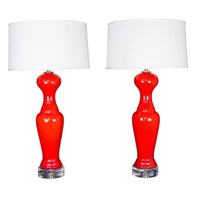 Pair of Italian Murano Glass Table Lamps, Tangerine Orange, 1950s For Sale - Image 9 of 9