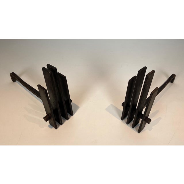 Black Modernist Steel Andirons. French Work. Circa 1970 - a Pair For Sale - Image 8 of 12