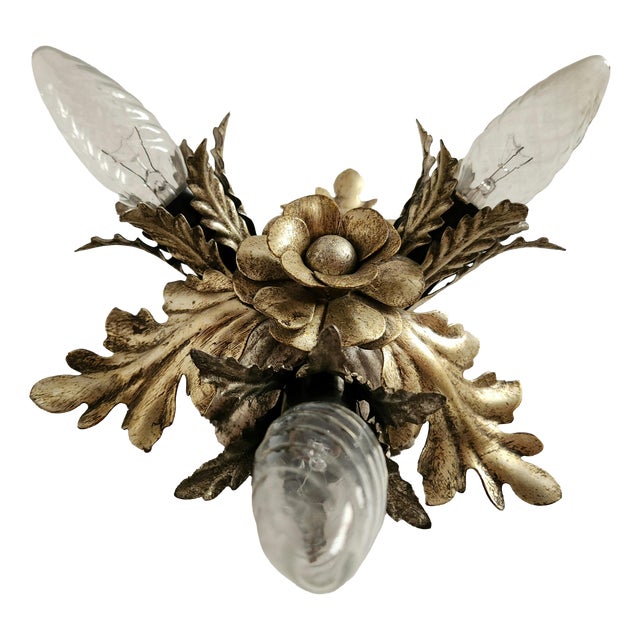 Vintage Floral Hand-Forged Silver-Plated Ceiling Lamp, 1960s For Sale