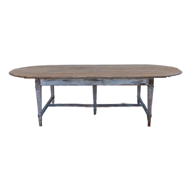 Antique 1920s French Provincial Large Oval Pine Dining Table With Distressed Painted Base For Sale