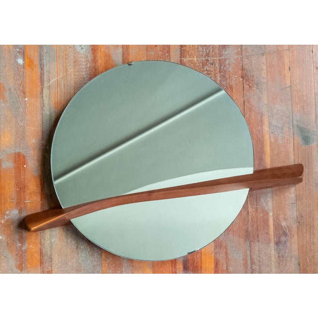 Brown Mid-Century Modern Round Mirror With Sculptural Carved Walnut Accent For Sale - Image 8 of 17