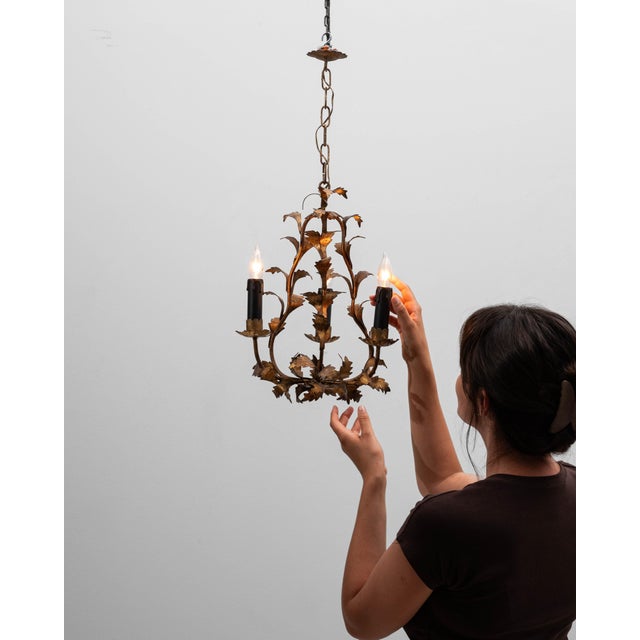 20th Century Italian Gilt Metal Tole Chandelier with Leaf Motif For Sale - Image 13 of 18