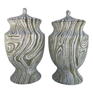 Hand Painted Faux Boix Jars a Pair For Sale