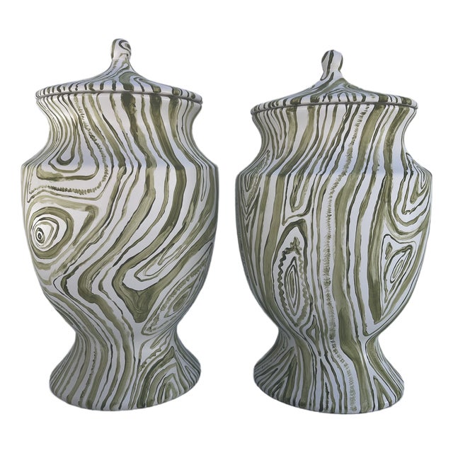 Hand Painted Faux Boix Jars a Pair For Sale