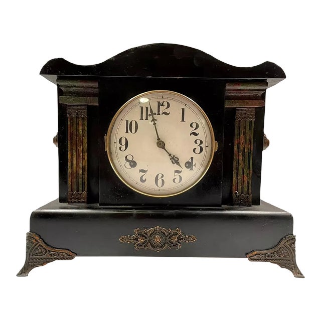 Antique American Black Mantel Clock by Waterbury For Sale