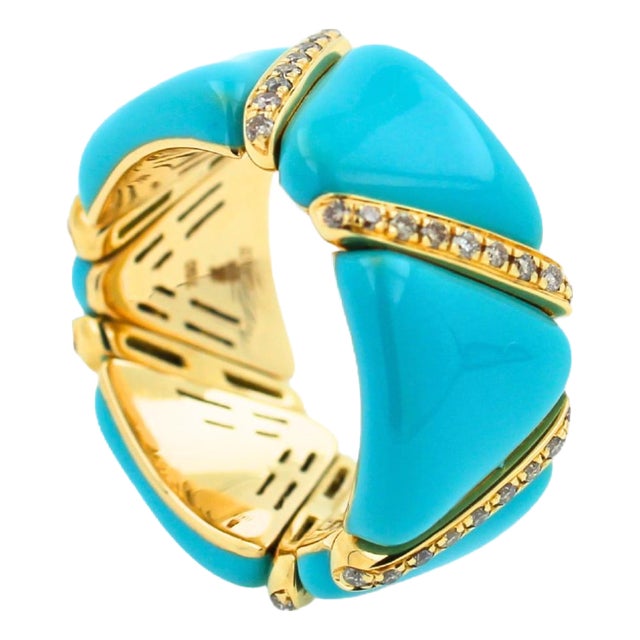 Diamond Turquoise Light Blue Enamel Eternity Band Unique Stretch 18k Gold Ring, Size 6 For Sale