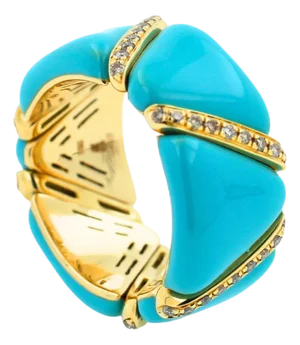 Diamond Turquoise Light Blue Enamel Eternity Band Unique Stretch 18k Gold Ring, Size 6