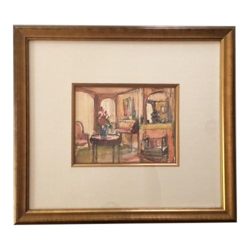 Framed Interior Scene Watercolor Painting For Sale