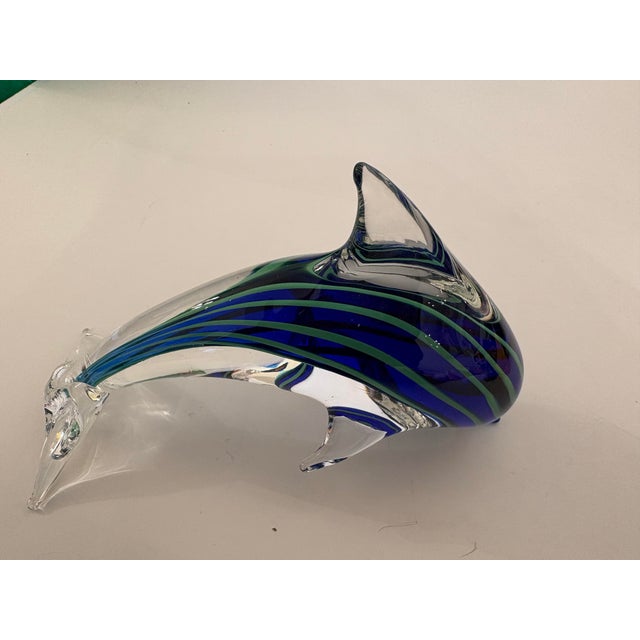 Glass Vintage Blue-N-Green Striped Murano Style Hand Blown Glass Dolphin For Sale - Image 7 of 7