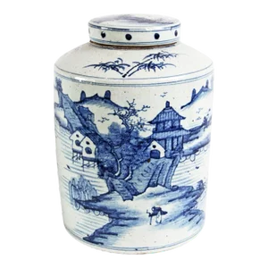 Blue & White Porcelain Village Jar With Lid