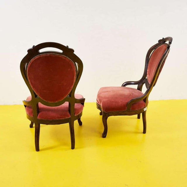 Vintage Wooden and Velvet Armchairs, Set of 2 For Sale - Image 4 of 7