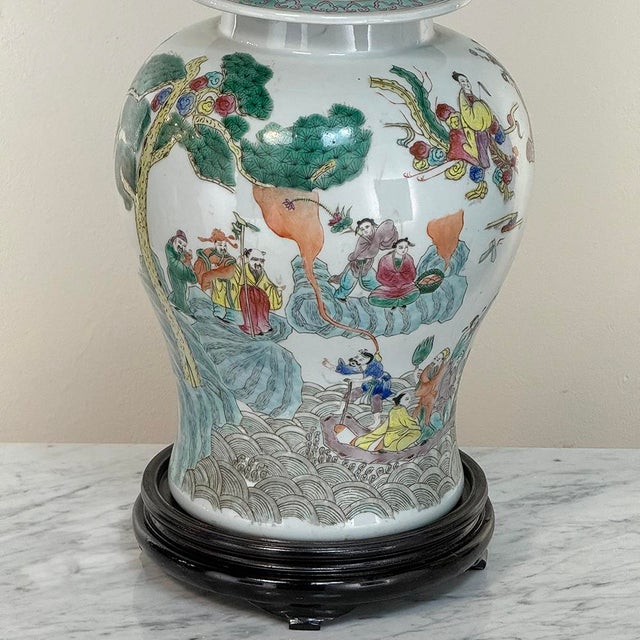 Pair Antique Chinese Porcelain Lidded Urns With Wood Bases For Sale - Image 12 of 12