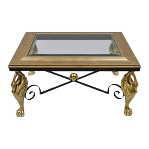 Regency Style Figural Swan Base Rectangular Iron and Glass Gold Coffee Table