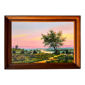 Vintage Impressionist Sunset Landscape Oil Painting, Signed