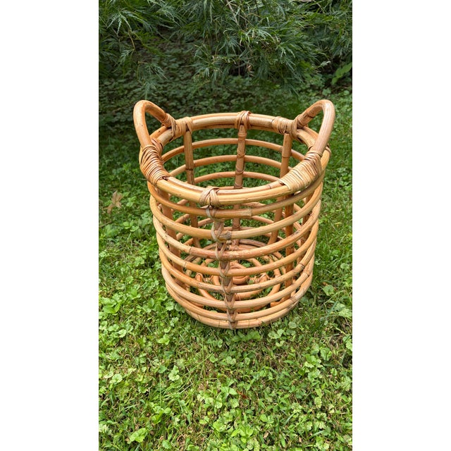 Mid 20th Century Vintage Open Bamboo Basket With Handles For Sale - Image 5 of 11