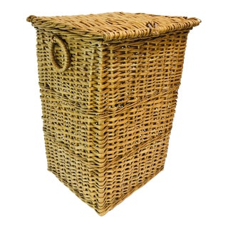 Antique Woven Wicker Storage Basket Hamper For Sale