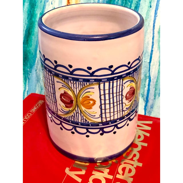 Vintage Hand Painted Rustic Glazed Ceramic Utensil Canister Vessel or Wine Bottle Holder, Puente Del Arzobispo, Toledo Spain For Sale - Image 10 of 11