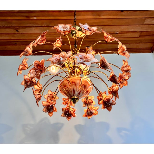 1980s Italian Murano Style Brown Floral Chandelier – Glass Flower Bouquet For Sale - Image 9 of 17