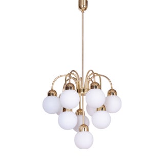 Mid-Century Chandelier in Brass and Opaline Glass, Czech, 1950s For Sale