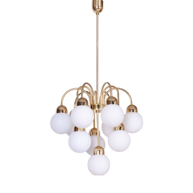 Mid-Century Chandelier in Brass and Opaline Glass, Czech, 1950s For Sale