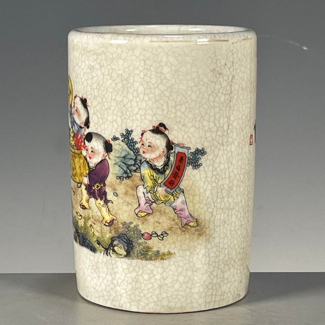 Famille Rose Crackle Glaze Porcelain Brush Pot With Figural Motif For Sale In Los Angeles - Image 6 of 9