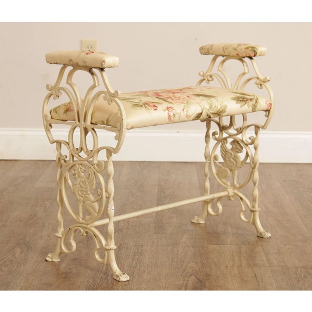 Art Deco Renaissance Revival Style Antique Upholstered Cast Iron Bench For Sale - Image 3 of 13