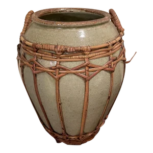 Vintage Thai Pottery Jar in Rattan and Bamboo Basket
