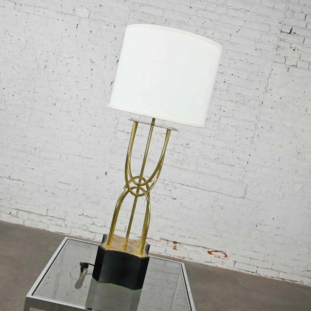 Mid-Century Modern 1960s Mid-Century Modern Table Lamp Brass Looped Tube Black Base White Drum Shade For Sale - Image 3 of 13