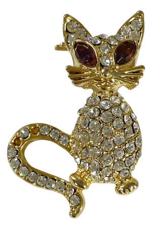 Vintage Pave Clear Rhinestone Cat Brooch Gold Toned Costume Jewelry