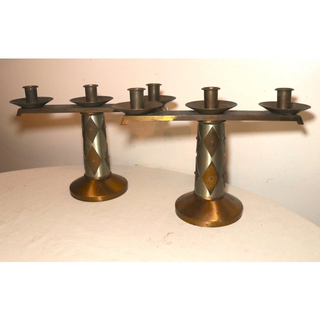 Metal Share Pair of 2 Vintage Bronze Arts & Crafts Altar Candlesticks Church Candle Holders For Sale - Image 7 of 11