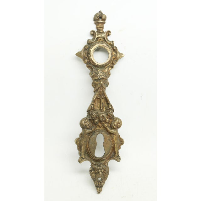 Bronze cherubic and figural detailed bronze door back plates with original patina. The patinas differ. They are unmarked....