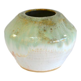Mid-20th Century Studio Piece Pottery Light Green Beige Brown Vase Vessel For Sale