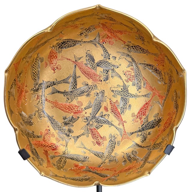 Metal 19th Century Japanese Satsuma Lotus Koi Bowl on Custom Steel Mount For Sale - Image 7 of 13