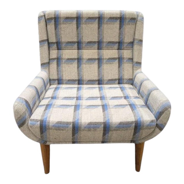 NaughtOne "Always Wood" Lounge Chair in Striped Slate & Sky Blue on Solid Oak For Sale