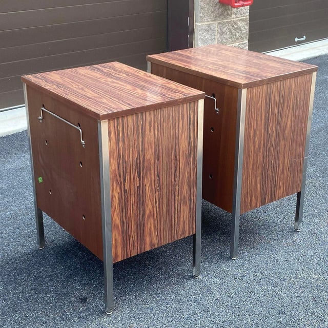 Wood Mid-Century Modern Rosewood Laminate & Stainless Steel Tall Nightstands - a Pair For Sale - Image 7 of 13