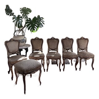 Five Vintage French Louis XV Style Chairs With Matching Stool For Sale