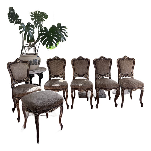 Five Vintage French Louis XV Style Chairs With Matching Stool For Sale