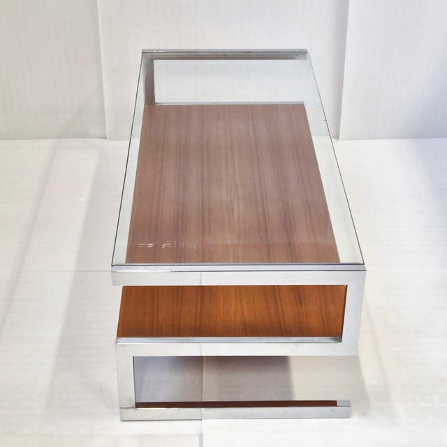 Vintage Coffee Table in Chrome-Plated Steel with Teak Veneer and Glass Top from Belgo Chrome, 1960s For Sale - Image 9 of 11