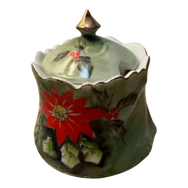 Mid 20th Century Lefton Poinsettia Sugar Bowl With Spoon Notch For Sale