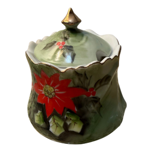Mid 20th Century Lefton Poinsettia Sugar Bowl With Spoon Notch
