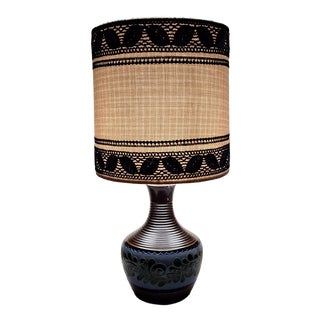 Vintage Table Lamp with Blue-Brown Ceramic Base and Fabric Shade, 1970s For Sale
